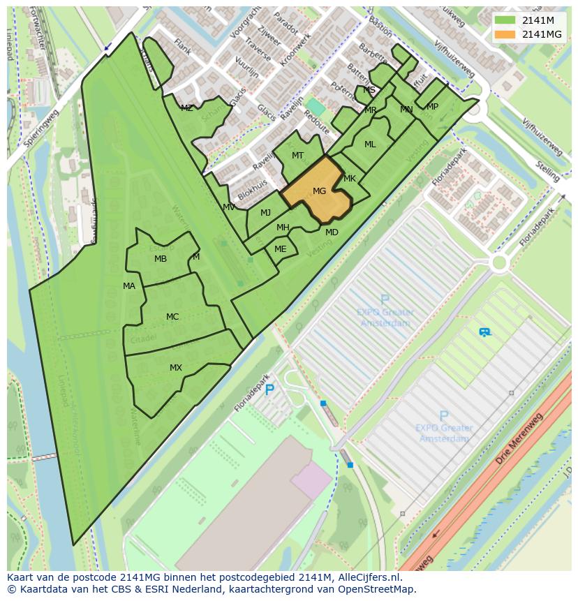 Afbeelding van het postcodegebied 2141 MG op de kaart.