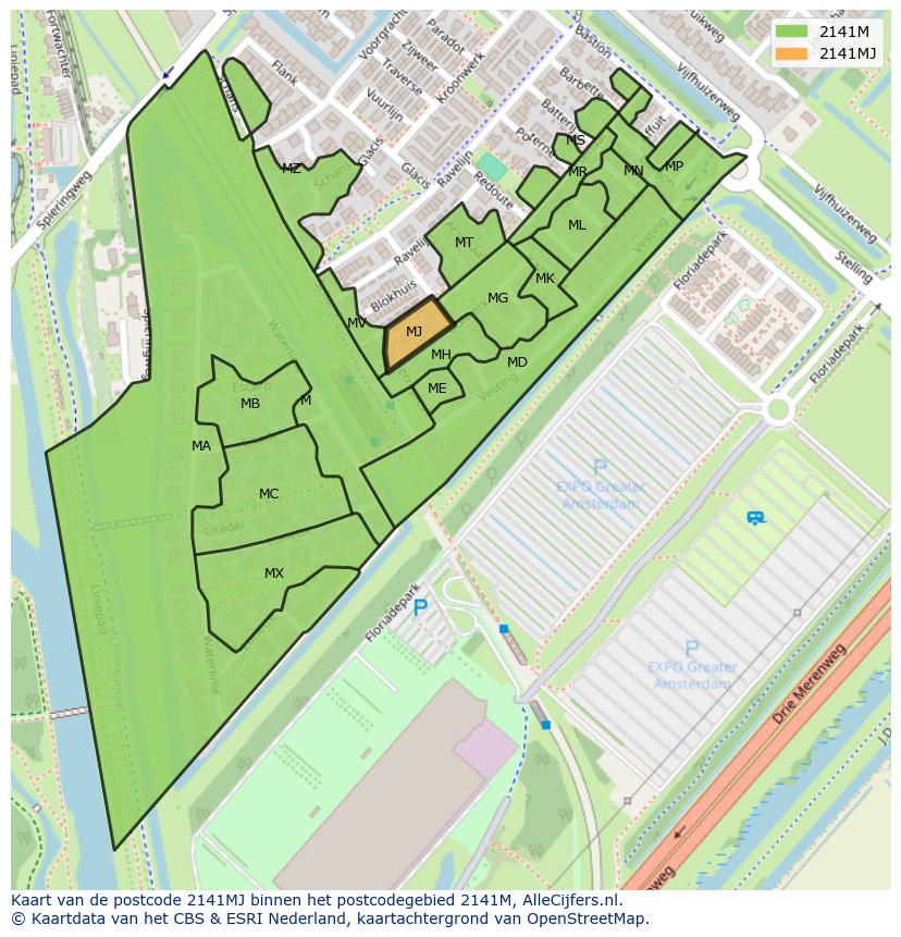 Afbeelding van het postcodegebied 2141 MJ op de kaart.