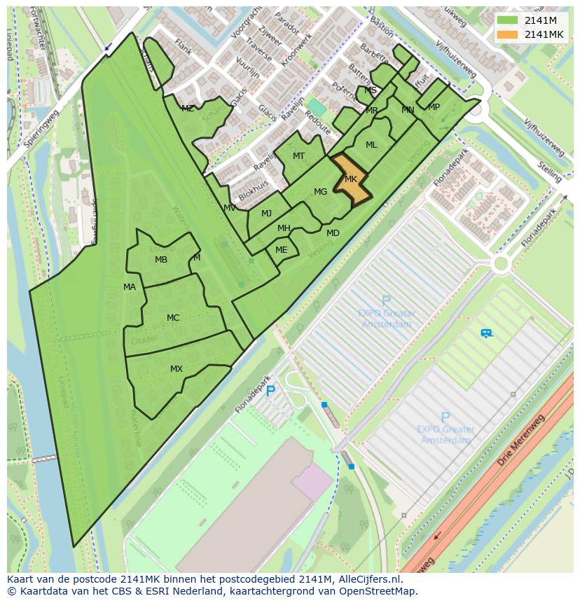 Afbeelding van het postcodegebied 2141 MK op de kaart.