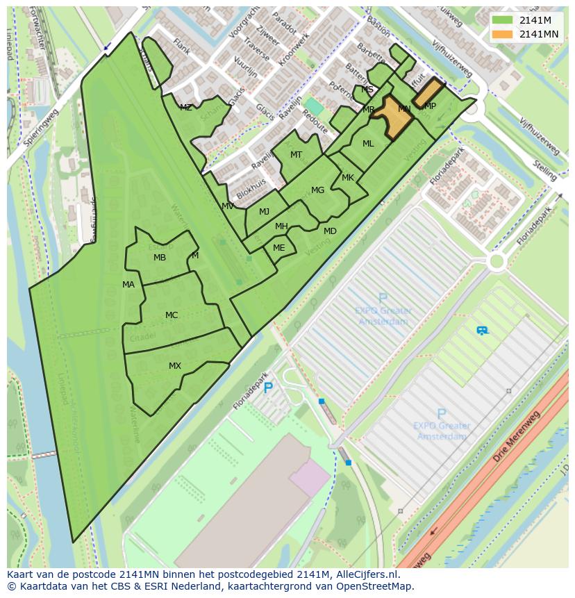 Afbeelding van het postcodegebied 2141 MN op de kaart.