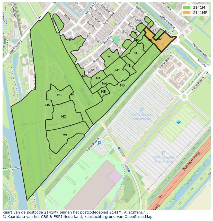 Afbeelding van het postcodegebied 2141 MP op de kaart.