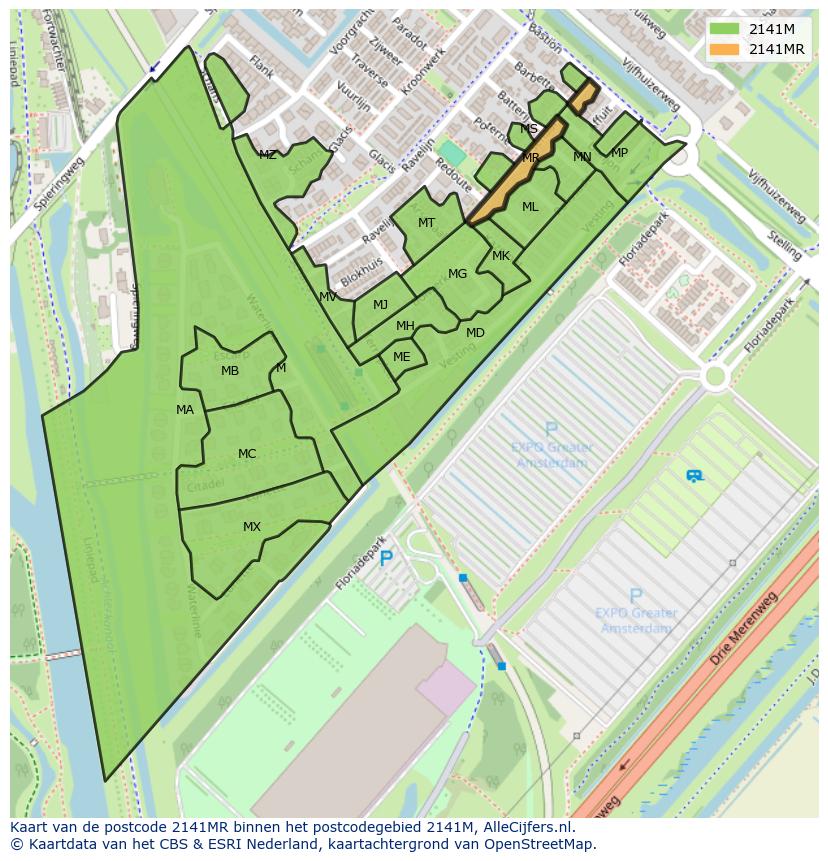 Afbeelding van het postcodegebied 2141 MR op de kaart.