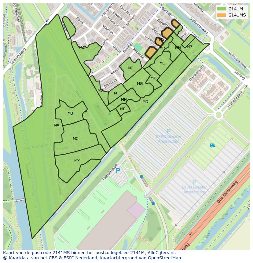 Afbeelding van het postcodegebied 2141 MS op de kaart.