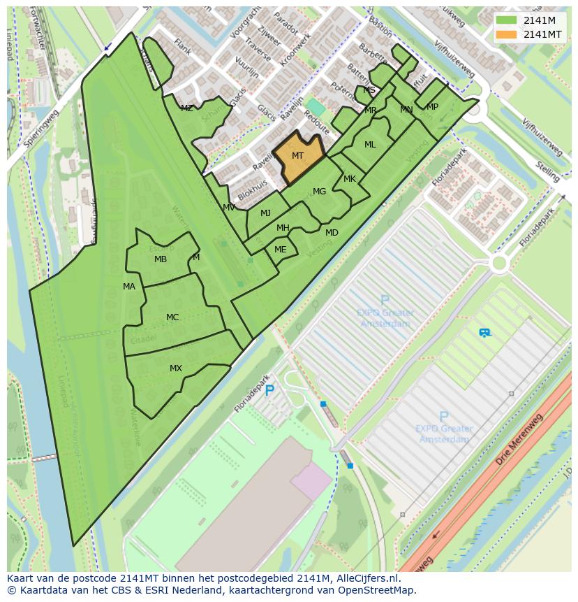 Afbeelding van het postcodegebied 2141 MT op de kaart.