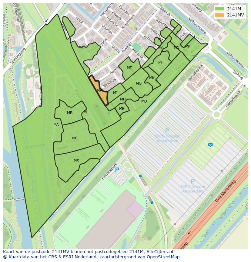 Afbeelding van het postcodegebied 2141 MV op de kaart.