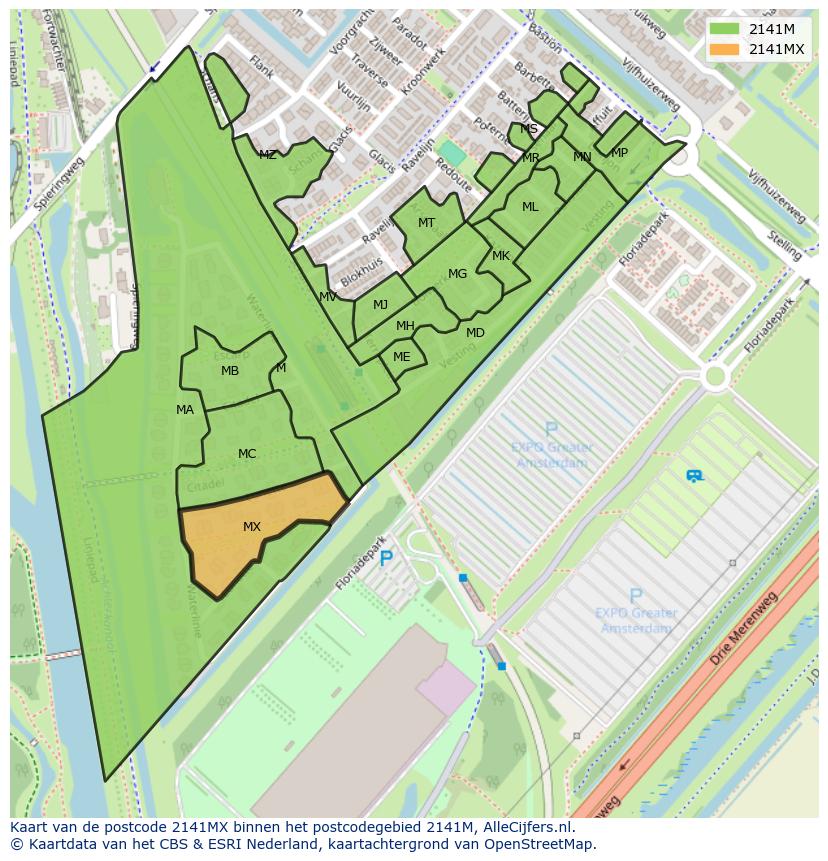 Afbeelding van het postcodegebied 2141 MX op de kaart.