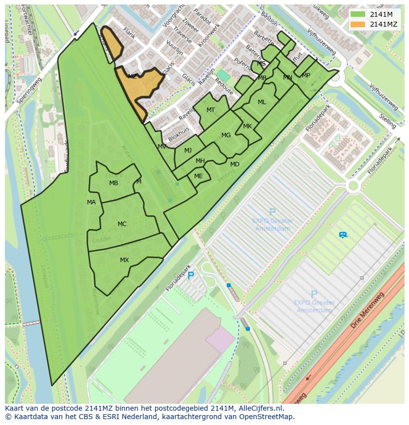 Afbeelding van het postcodegebied 2141 MZ op de kaart.