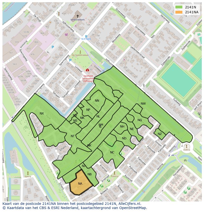 Afbeelding van het postcodegebied 2141 NA op de kaart.