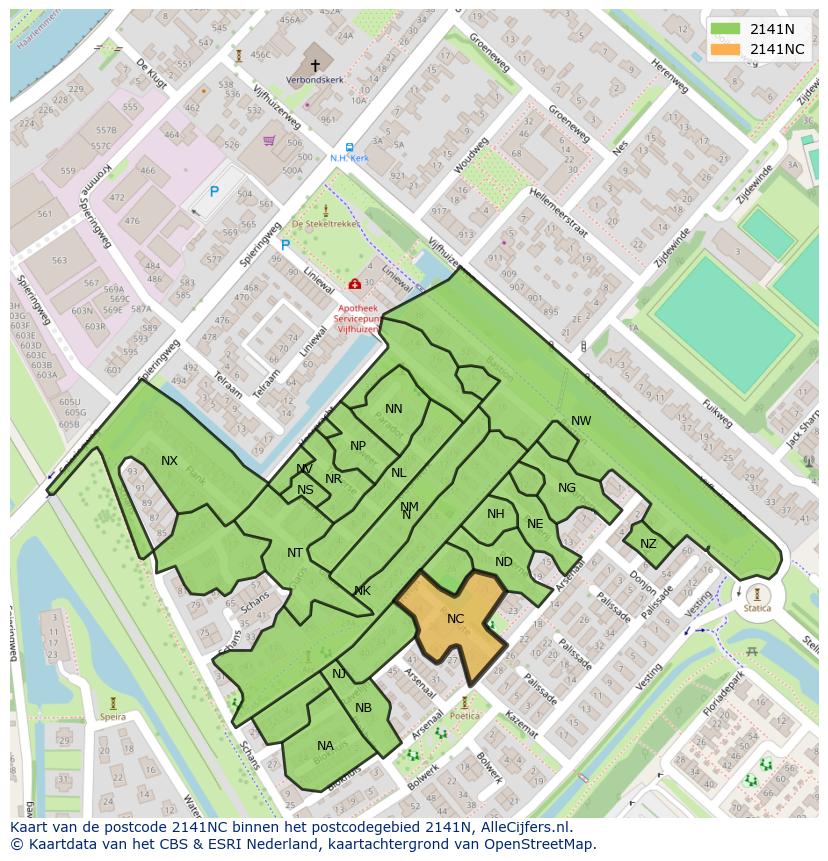 Afbeelding van het postcodegebied 2141 NC op de kaart.