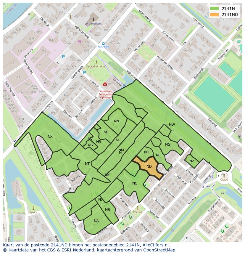 Afbeelding van het postcodegebied 2141 ND op de kaart.