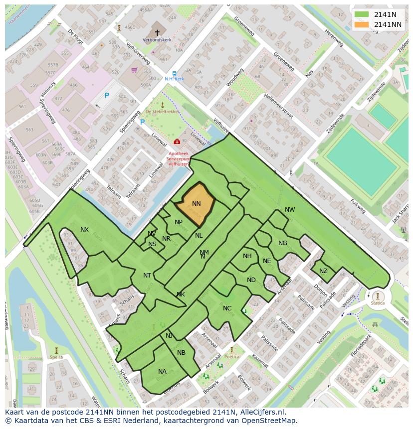 Afbeelding van het postcodegebied 2141 NN op de kaart.