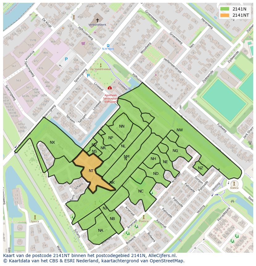 Afbeelding van het postcodegebied 2141 NT op de kaart.