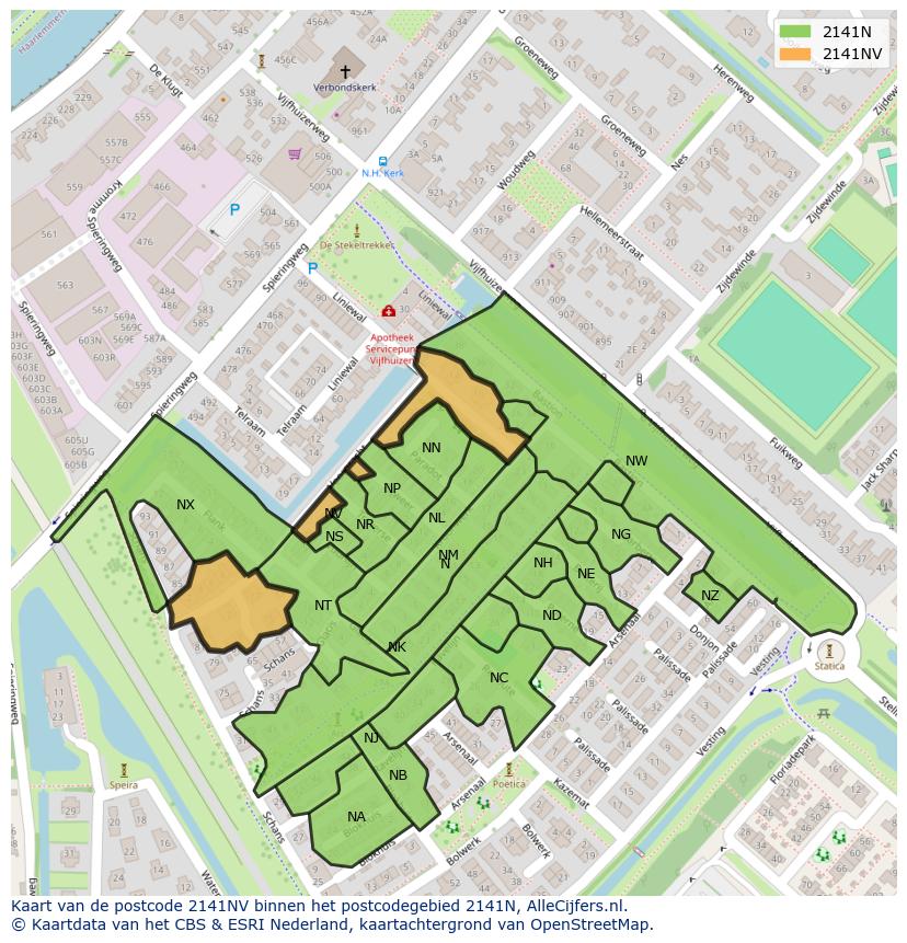 Afbeelding van het postcodegebied 2141 NV op de kaart.