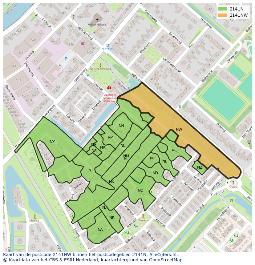 Afbeelding van het postcodegebied 2141 NW op de kaart.