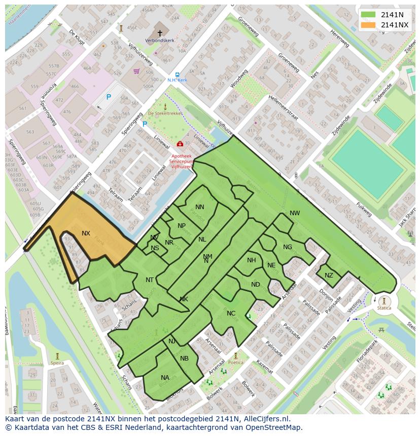 Afbeelding van het postcodegebied 2141 NX op de kaart.