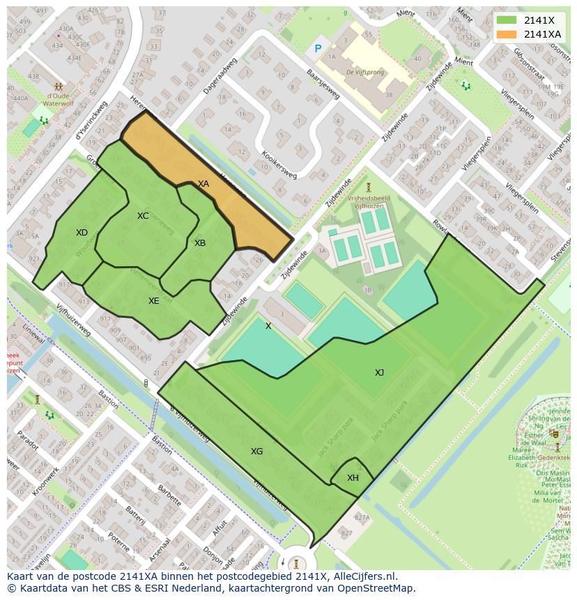 Afbeelding van het postcodegebied 2141 XA op de kaart.