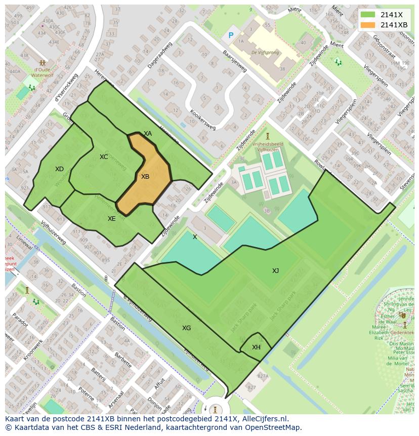 Afbeelding van het postcodegebied 2141 XB op de kaart.
