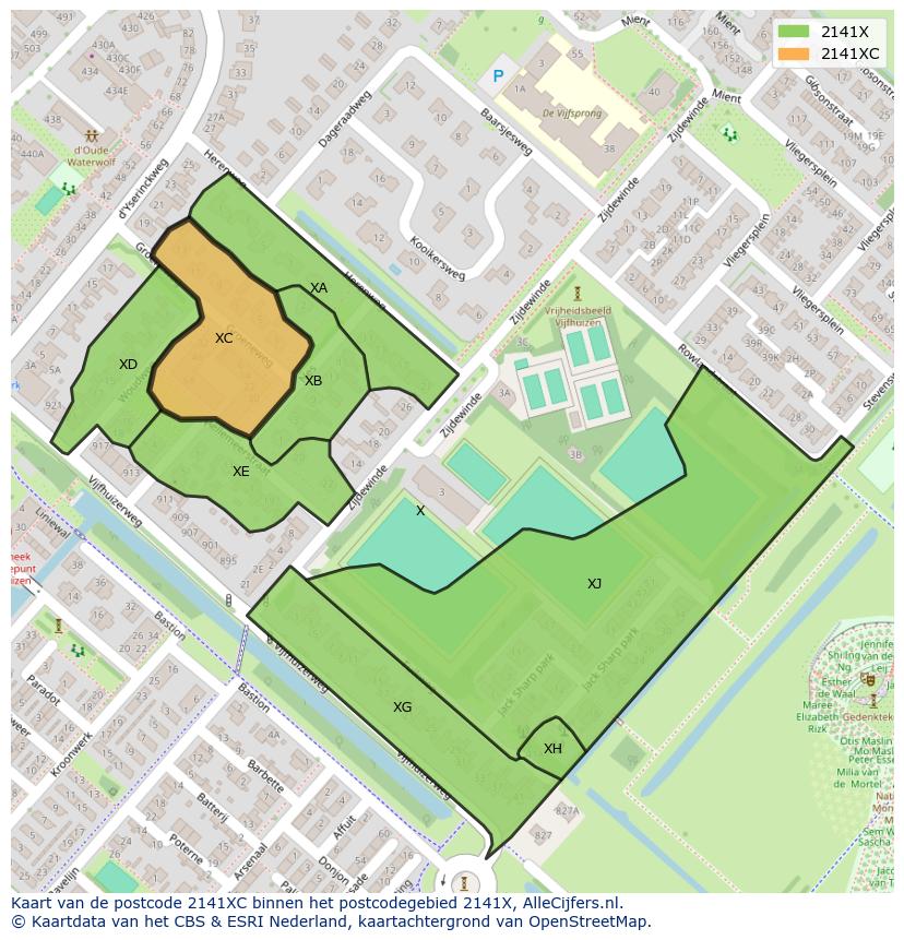 Afbeelding van het postcodegebied 2141 XC op de kaart.