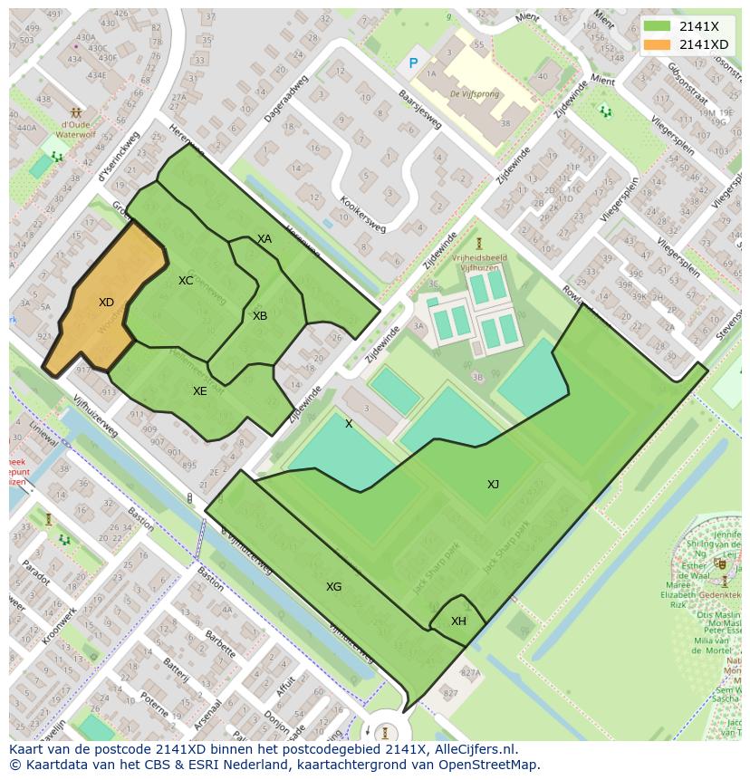 Afbeelding van het postcodegebied 2141 XD op de kaart.