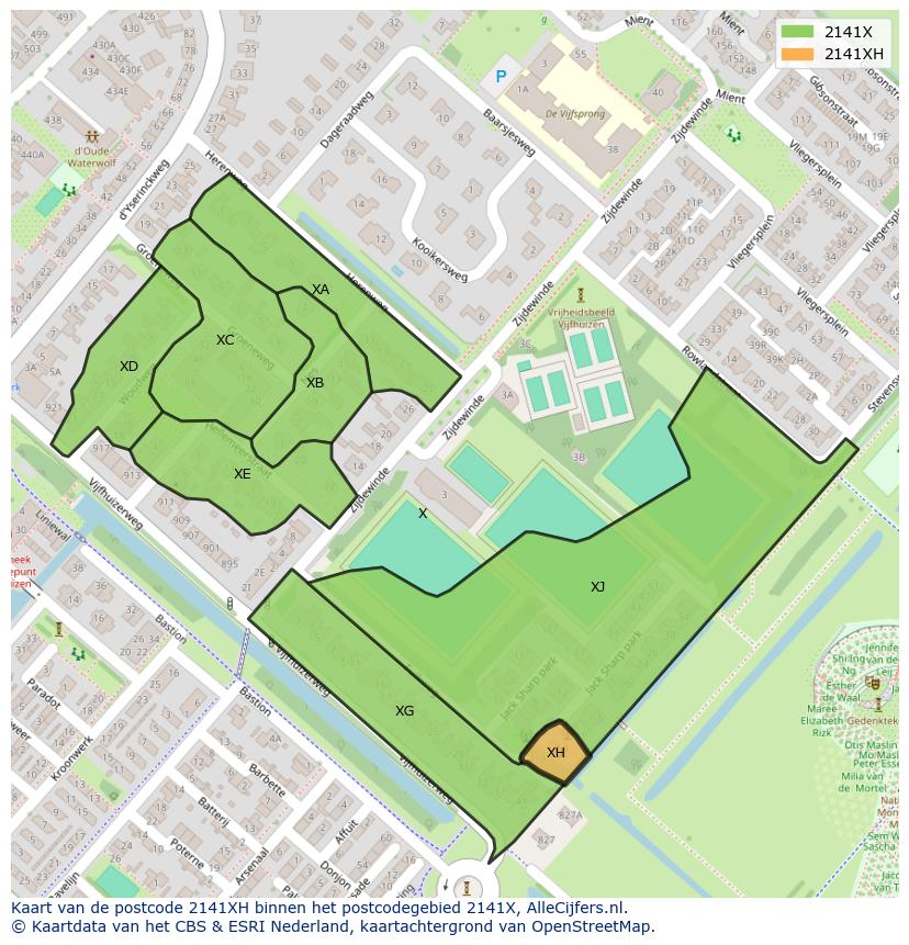 Afbeelding van het postcodegebied 2141 XH op de kaart.