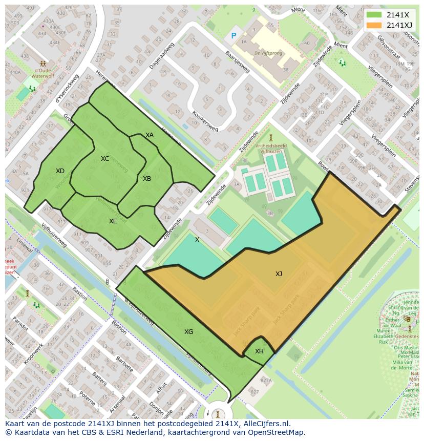 Afbeelding van het postcodegebied 2141 XJ op de kaart.