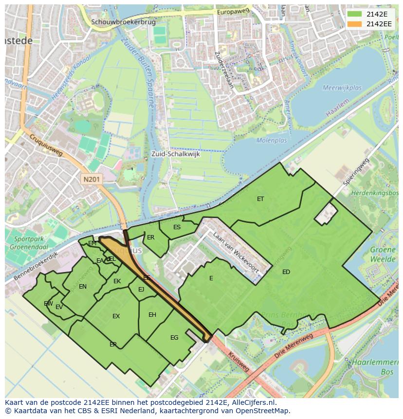 Afbeelding van het postcodegebied 2142 EE op de kaart.