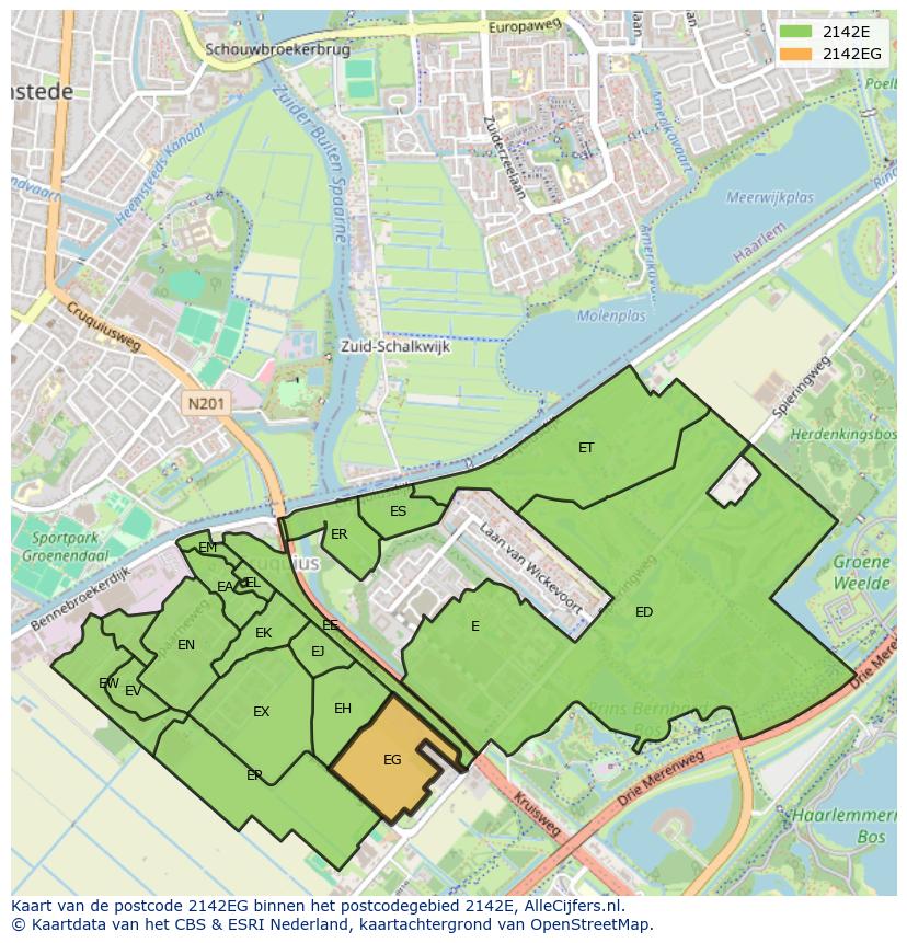 Afbeelding van het postcodegebied 2142 EG op de kaart.