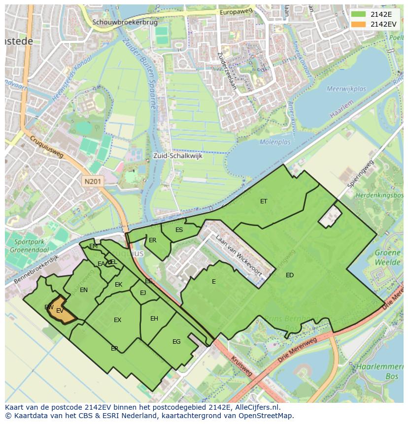 Afbeelding van het postcodegebied 2142 EV op de kaart.
