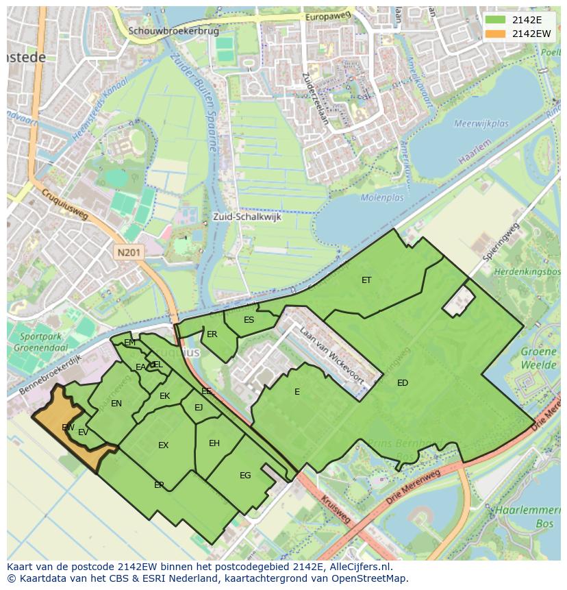 Afbeelding van het postcodegebied 2142 EW op de kaart.