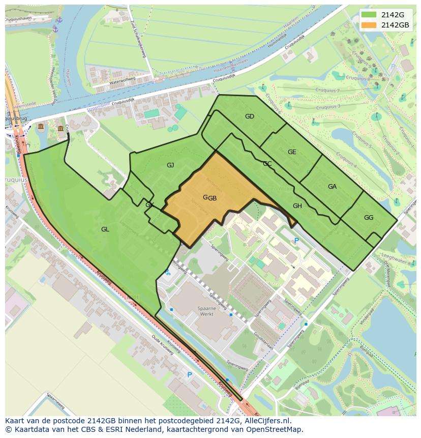 Afbeelding van het postcodegebied 2142 GB op de kaart.