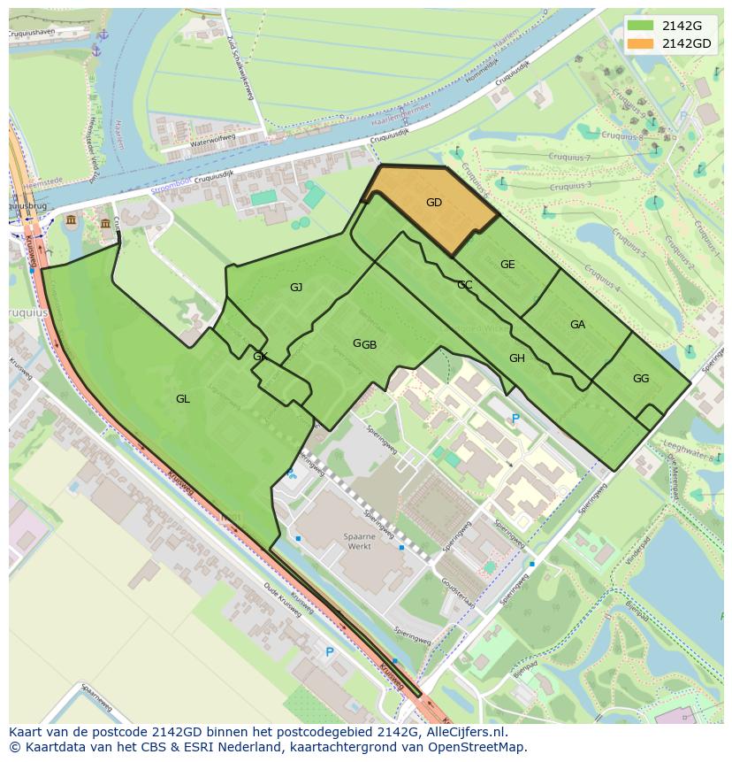 Afbeelding van het postcodegebied 2142 GD op de kaart.