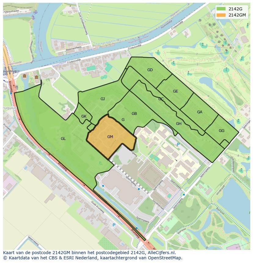 Afbeelding van het postcodegebied 2142 GM op de kaart.