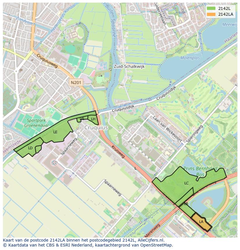 Afbeelding van het postcodegebied 2142 LA op de kaart.
