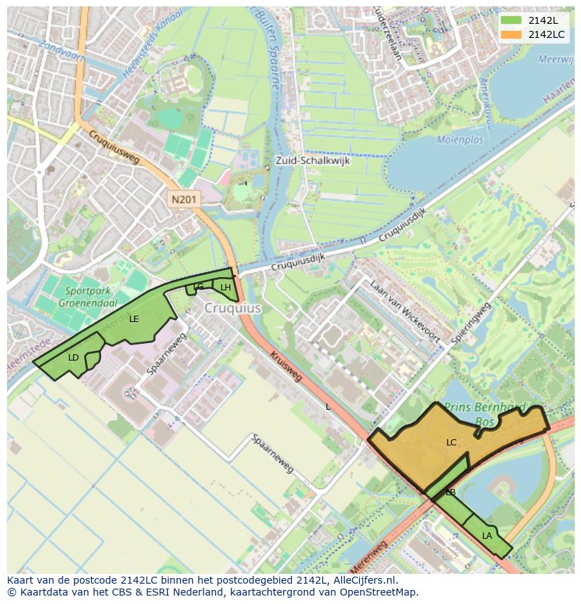 Afbeelding van het postcodegebied 2142 LC op de kaart.