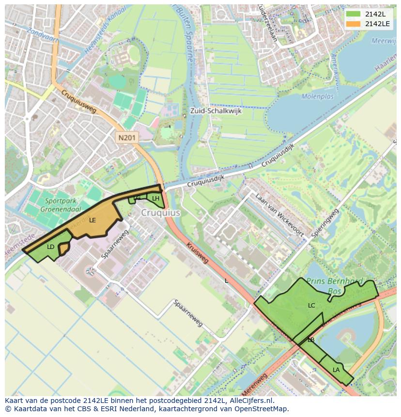Afbeelding van het postcodegebied 2142 LE op de kaart.