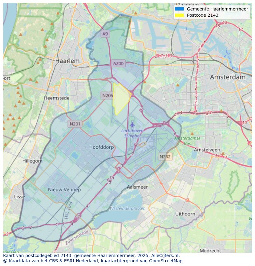 Afbeelding van het postcodegebied 2143 op de kaart.