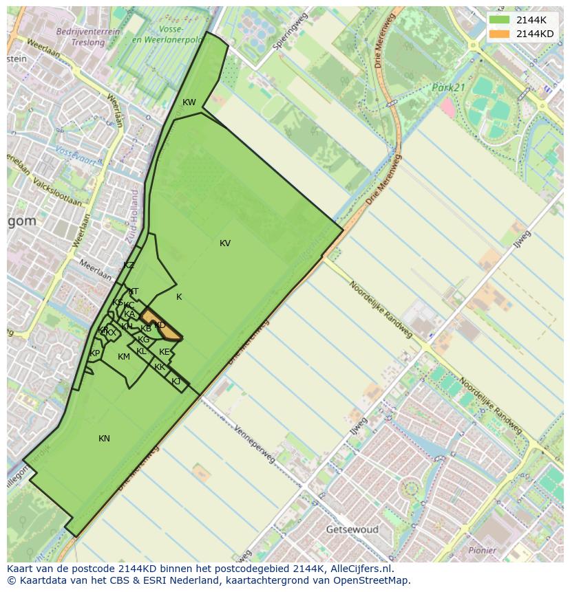 Afbeelding van het postcodegebied 2144 KD op de kaart.