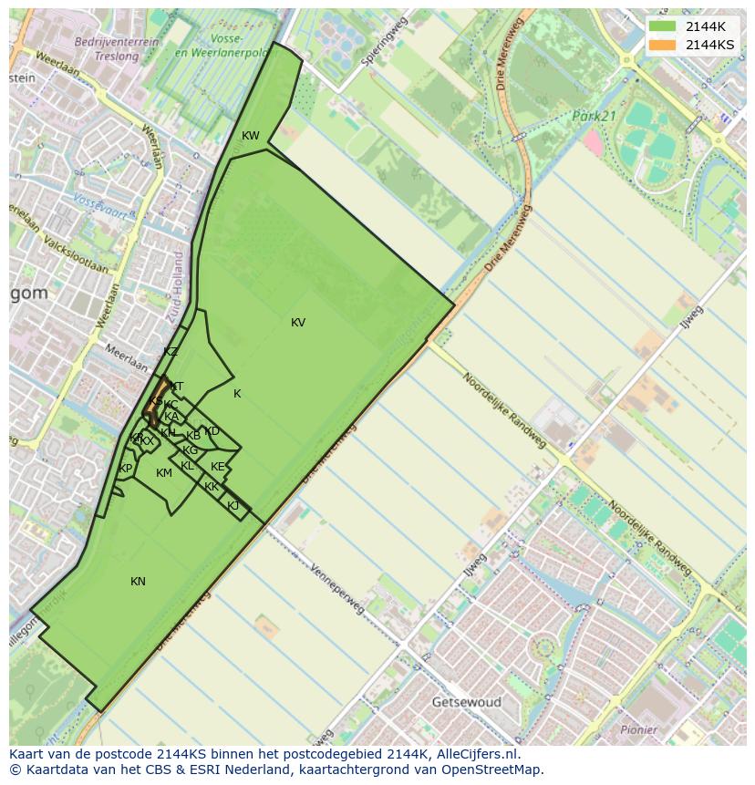 Afbeelding van het postcodegebied 2144 KS op de kaart.