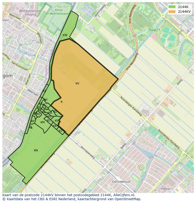 Afbeelding van het postcodegebied 2144 KV op de kaart.