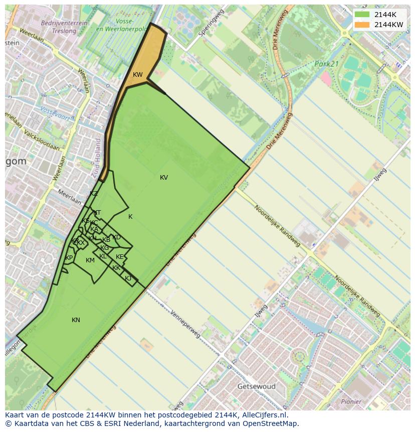 Afbeelding van het postcodegebied 2144 KW op de kaart.