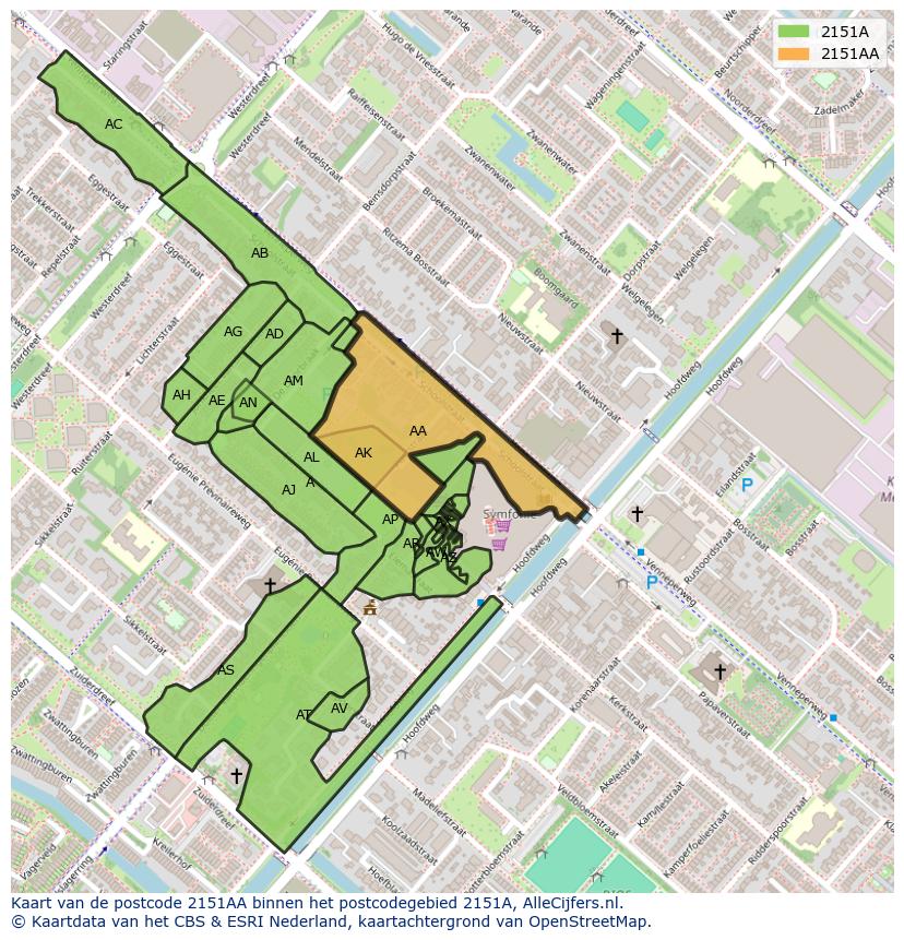 Afbeelding van het postcodegebied 2151 AA op de kaart.