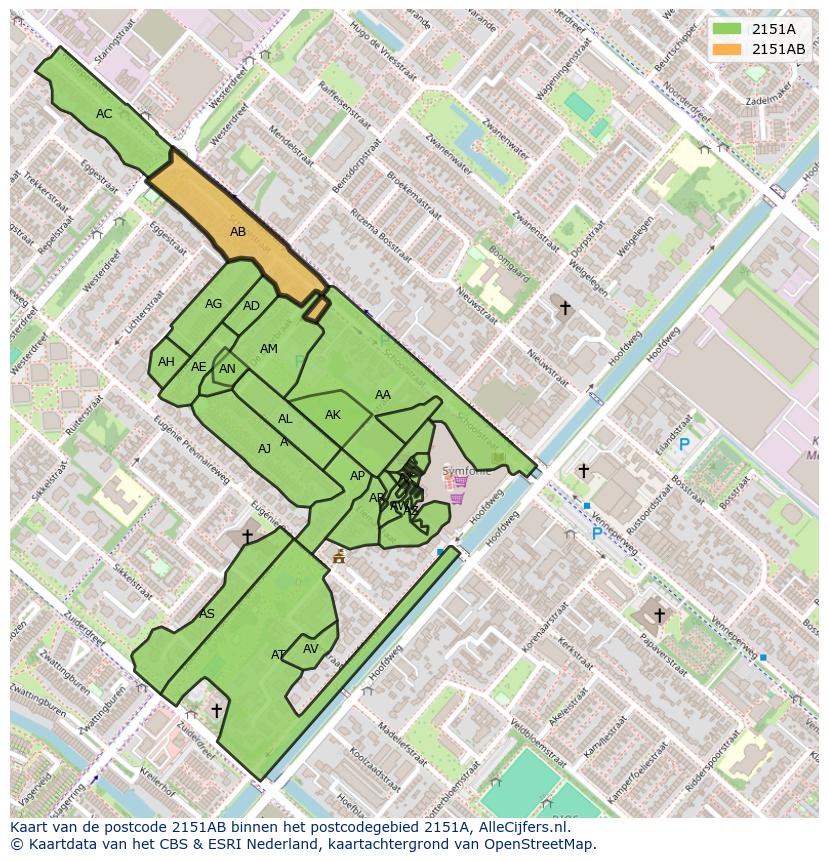Afbeelding van het postcodegebied 2151 AB op de kaart.