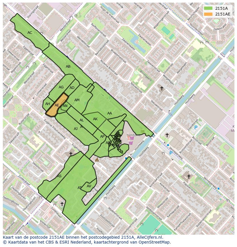 Afbeelding van het postcodegebied 2151 AE op de kaart.