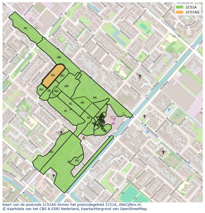 Afbeelding van het postcodegebied 2151 AG op de kaart.