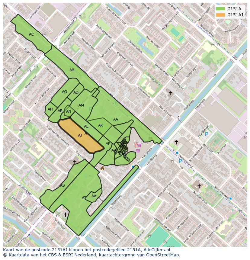 Afbeelding van het postcodegebied 2151 AJ op de kaart.