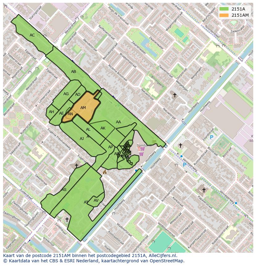 Afbeelding van het postcodegebied 2151 AM op de kaart.