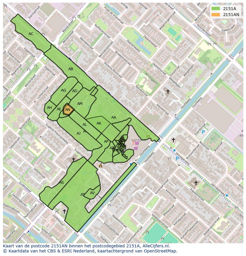 Afbeelding van het postcodegebied 2151 AN op de kaart.
