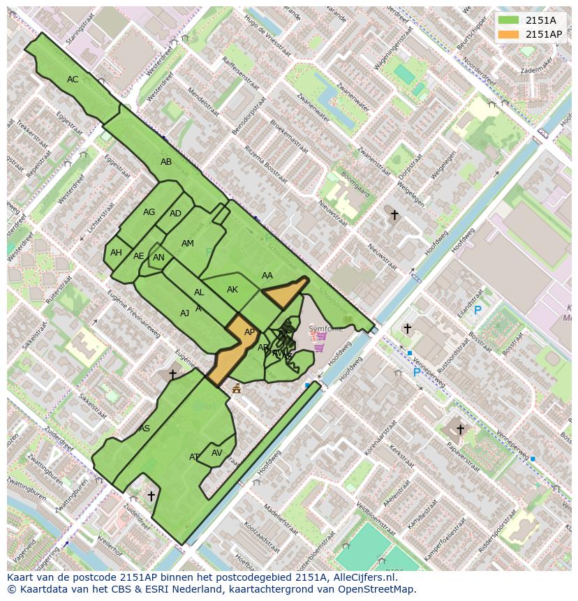 Afbeelding van het postcodegebied 2151 AP op de kaart.