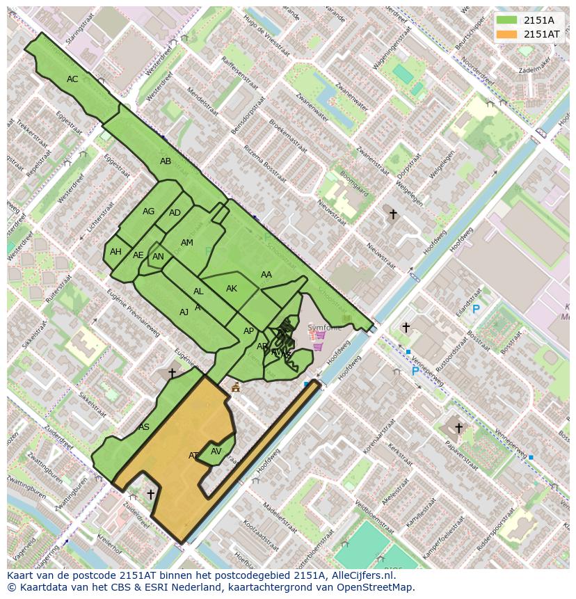 Afbeelding van het postcodegebied 2151 AT op de kaart.