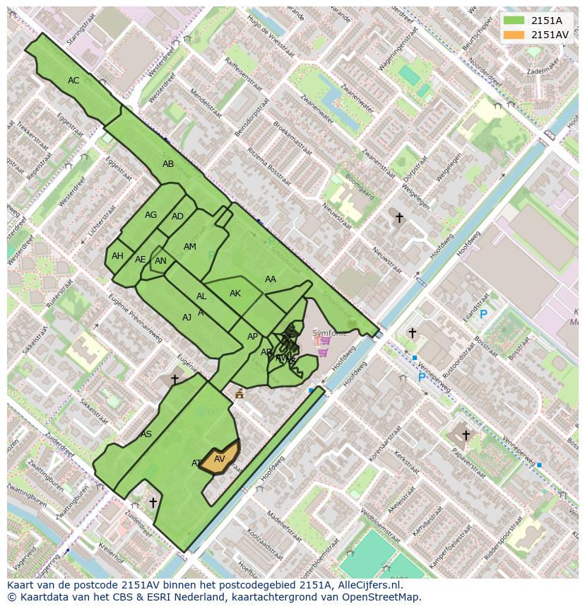 Afbeelding van het postcodegebied 2151 AV op de kaart.